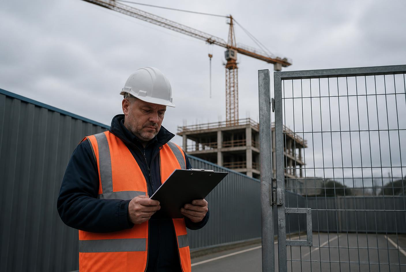 Construction site security officer in hi-vis checking a site log at the entrance gate of a UK building site