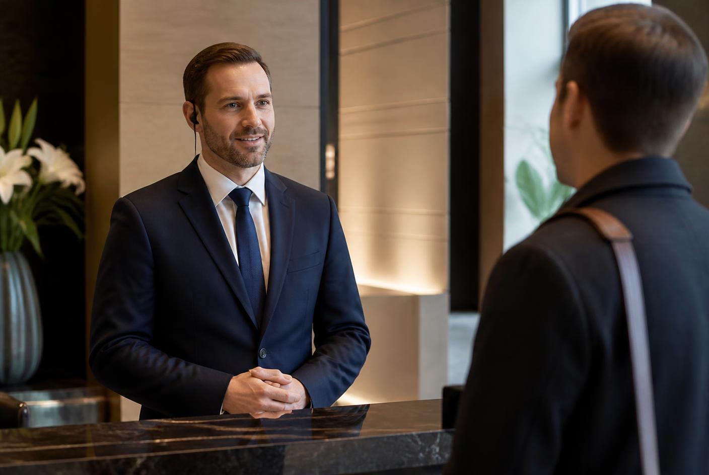 Smartly dressed corporate security officer greeting a visitor at a modern reception desk