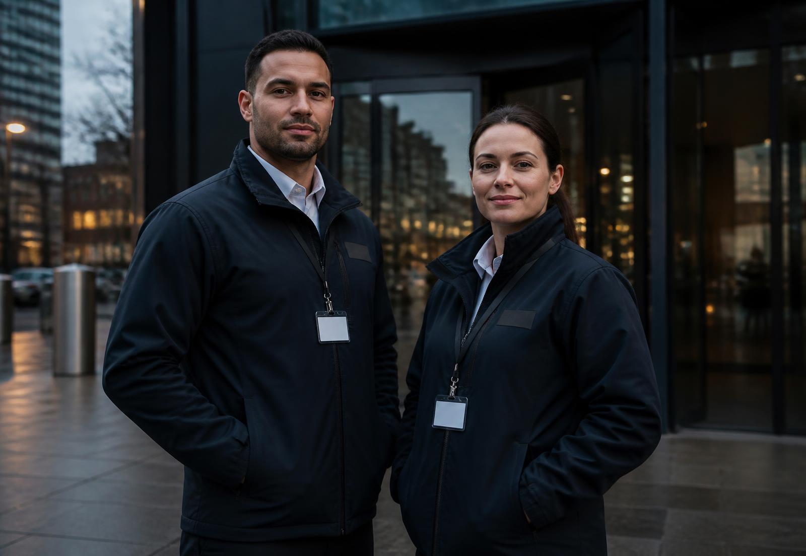 Two smartly presented JTS Protect security officers on duty outside a city-centre office building at dusk